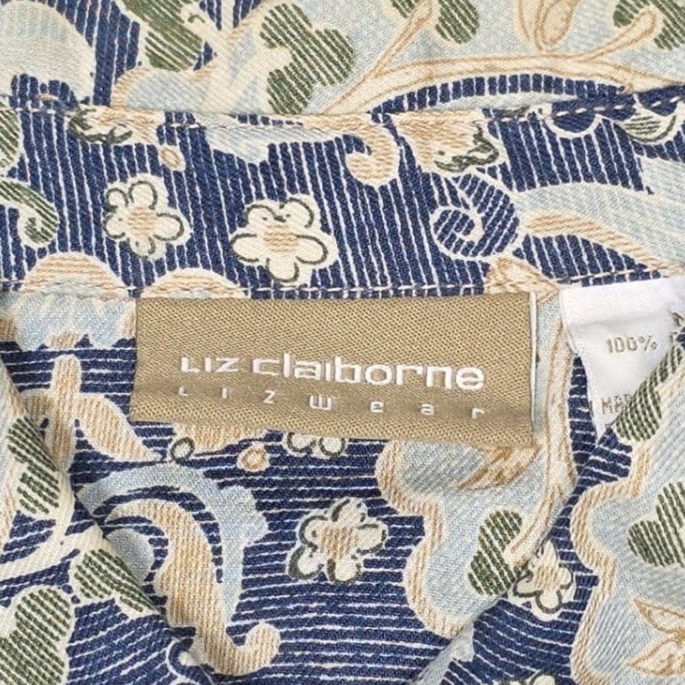 Liz Claiborne Lizwear Button Front Shirt Womens Size M Blue Floral Damask Cotton - Picture 3 of 9